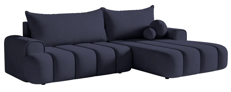 Ecksofa mit Schlaffunktion Dandelino, L-förmig, rechtsseitig, mit Stauraum, marineblauer Samt
