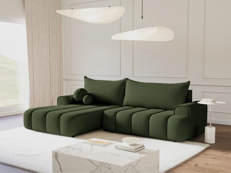 Ecksofa mit Schlafunktion Dandelino, L-förmig, linksseitig, mit Stauraum, khaki Bouclé
