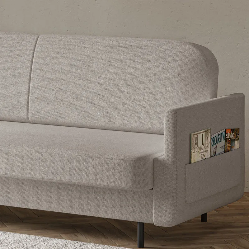 Dreisitziges ausklappbares Sofa Ovelio in grau-beige, hydrophober Chenille-Stoff