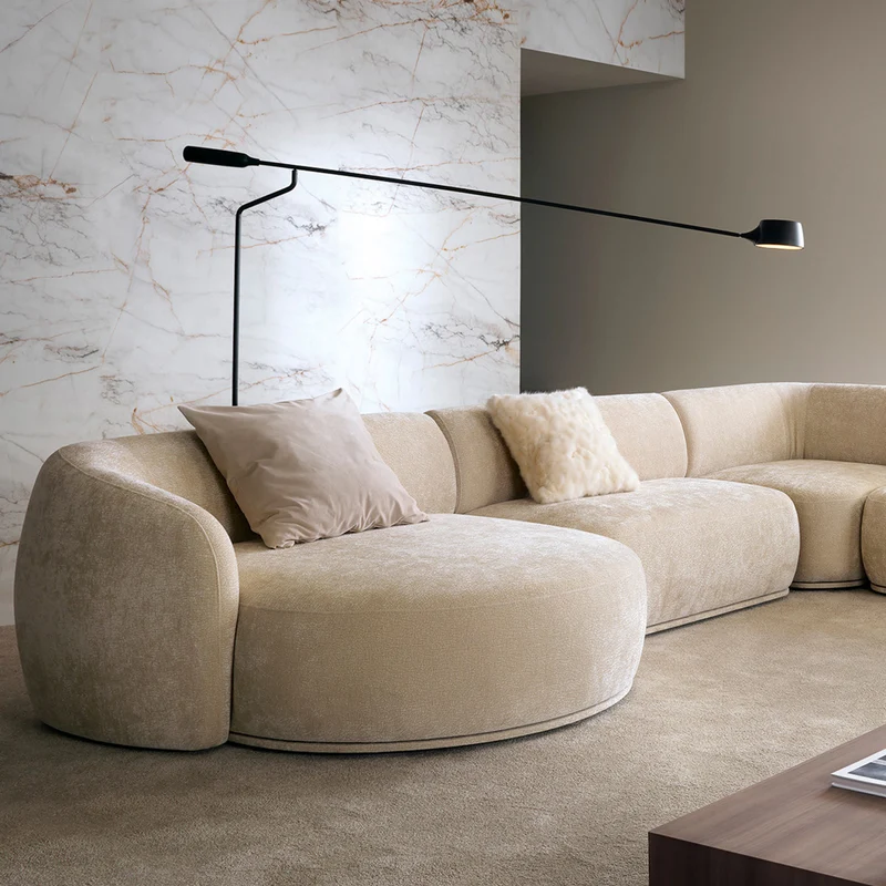 Modulares Ecksofa Bommo L-förmig mit Hocker, linksseitig, beige Chenille