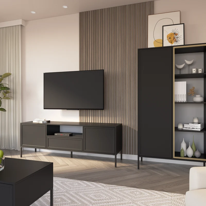 TV-Schrank Velveto, zweitürig mit Schublade und Nische, 160 cm, schwarz