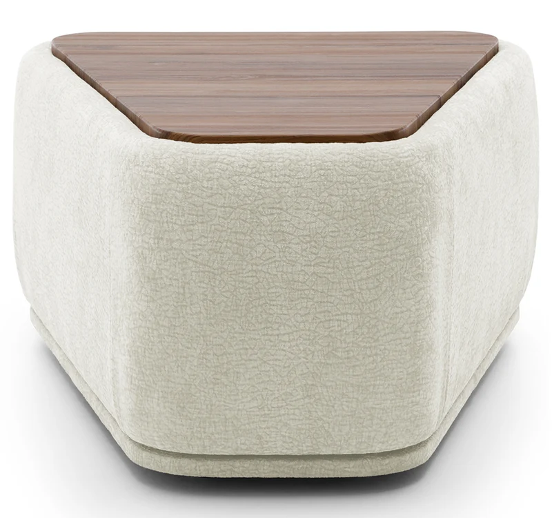 Modulares dreieckiges Hocker-Element mit Tischplatte Bommo, cremefarbenes Chenille