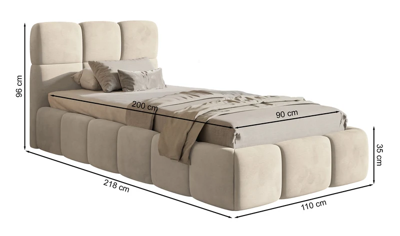 Gepolstertes Bett 90x200 cm Cloudy, grau, wasserabweisender und leicht zu reinigender Veloursstoff