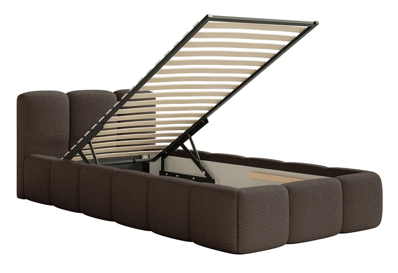 Polsterbett 90x200 cm Cloudy Low mit Stauraum, Metallrahmen, braunes Bouclé
