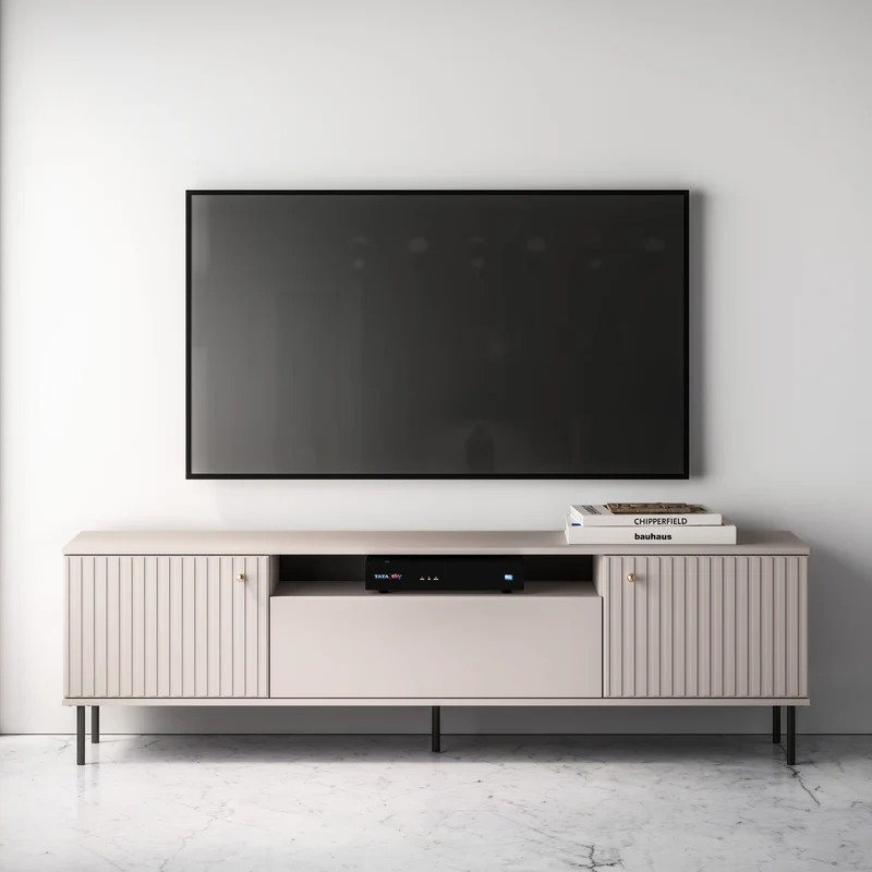 Zweiturige TV-Kommode Caletto mit Klappe und Regal, 180 cm, dekorative Lamellen Kaschmir