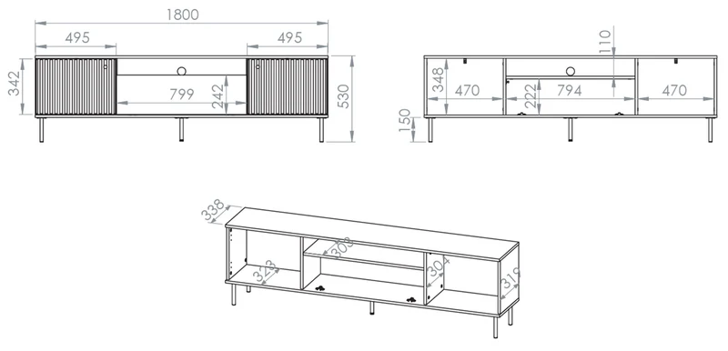 Zweiturige TV-Kommode Caletto mit Klappe und Regal, 180 cm, dekorative Lamellen Kaschmir