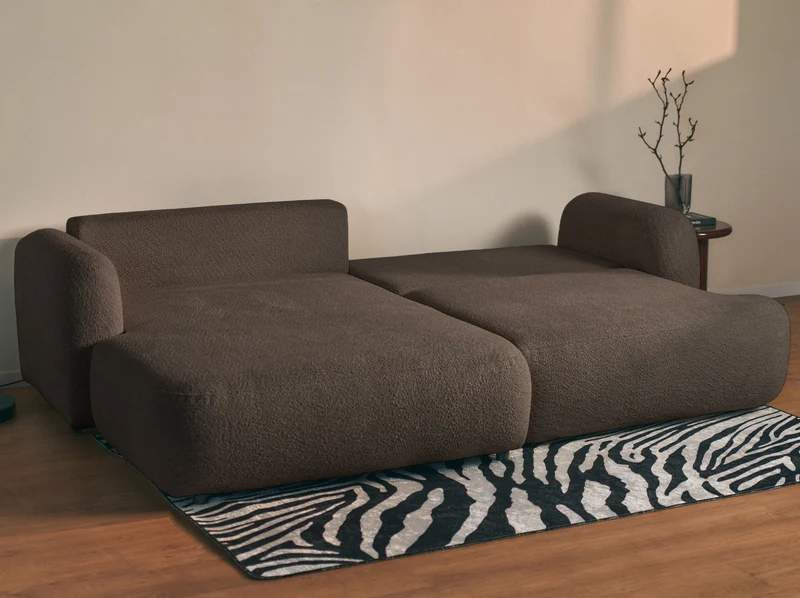 Ecksofa mit Schlaffunktion Tvoya, L-förmig, linksseitig, braunes Bouclé