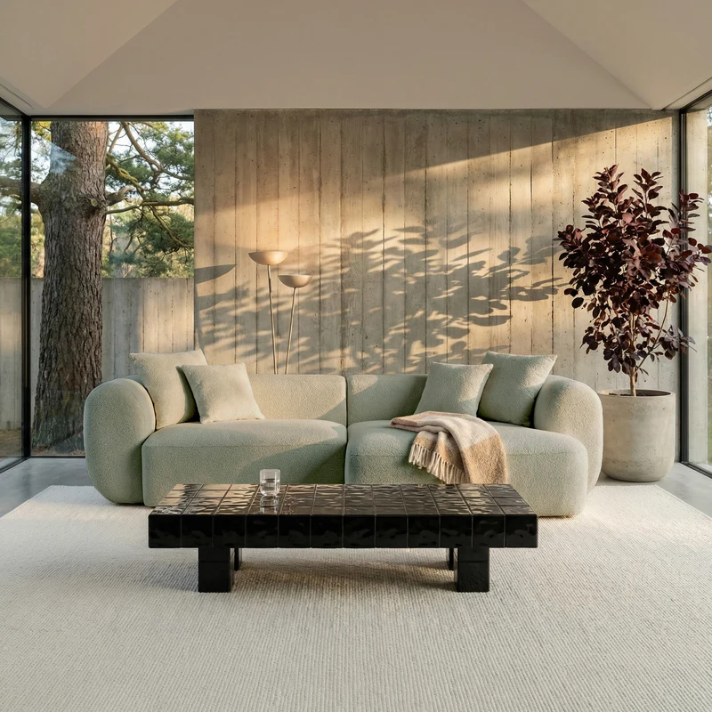 Modulares Ecksofa Baomi, L-förmig, mit Pouf, rechtsseitig, Salbeigrün, Chenille
