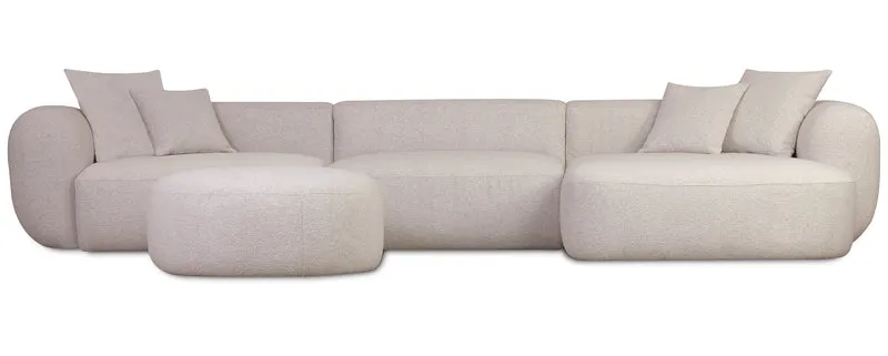 Modulares Ecksofa Baomi, großes L-förmiges Sofa mit Pouf, rechtsseitig, hellbeige Chenille