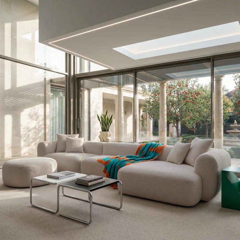 Modulares Ecksofa Baomi, großes L-förmiges Sofa mit Pouf, rechtsseitig, hellbeige Chenille