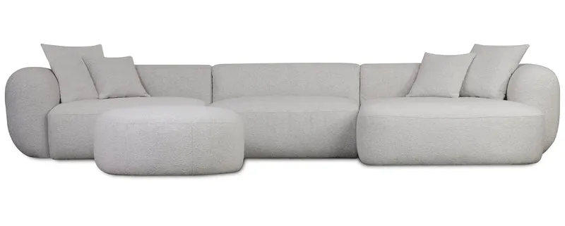 Großes, L-förmiges, modulares Ecksofa Baomi mit Hocker, rechtsseitig, hellgrauer Chenille-Stoff