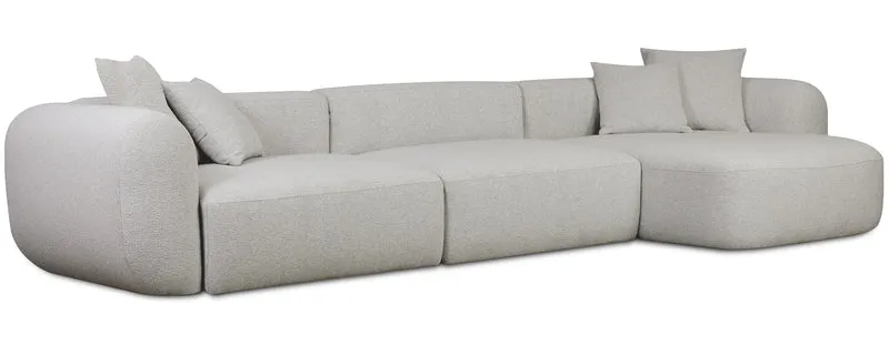 Großes, L-förmiges, modulares Ecksofa Baomi mit Hocker, rechtsseitig, hellgrauer Chenille-Stoff