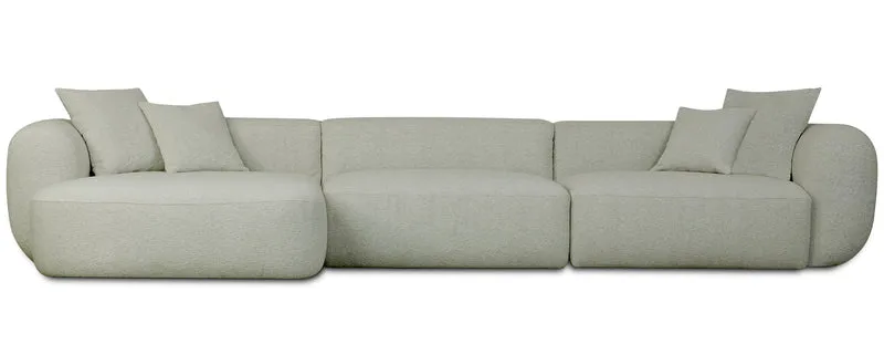 Modulare Eckcouch Baomi, großes L-förmiges Sofa mit Hocker, linksseitig, salbeigrüner Chenille-Stoff