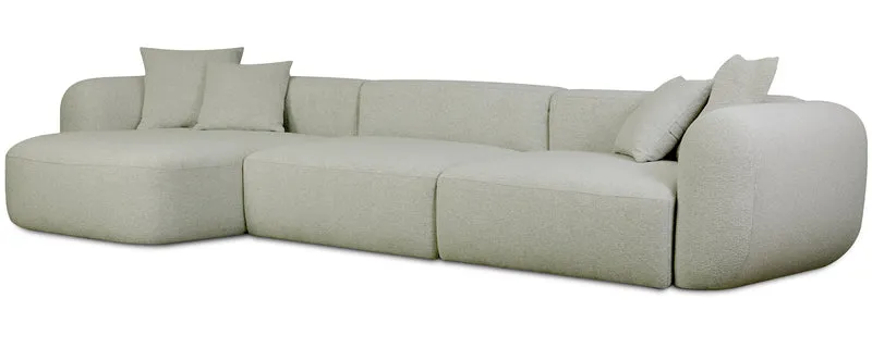 Modulare Eckcouch Baomi, großes L-förmiges Sofa mit Hocker, linksseitig, salbeigrüner Chenille-Stoff