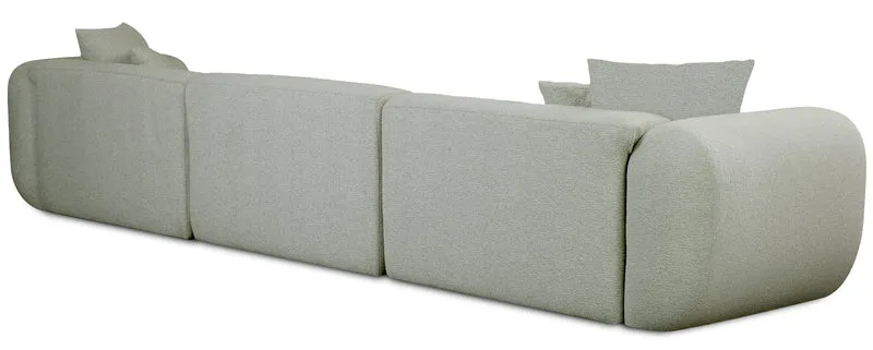 Modulare Eckcouch Baomi, großes L-förmiges Sofa mit Hocker, linksseitig, salbeigrüner Chenille-Stoff