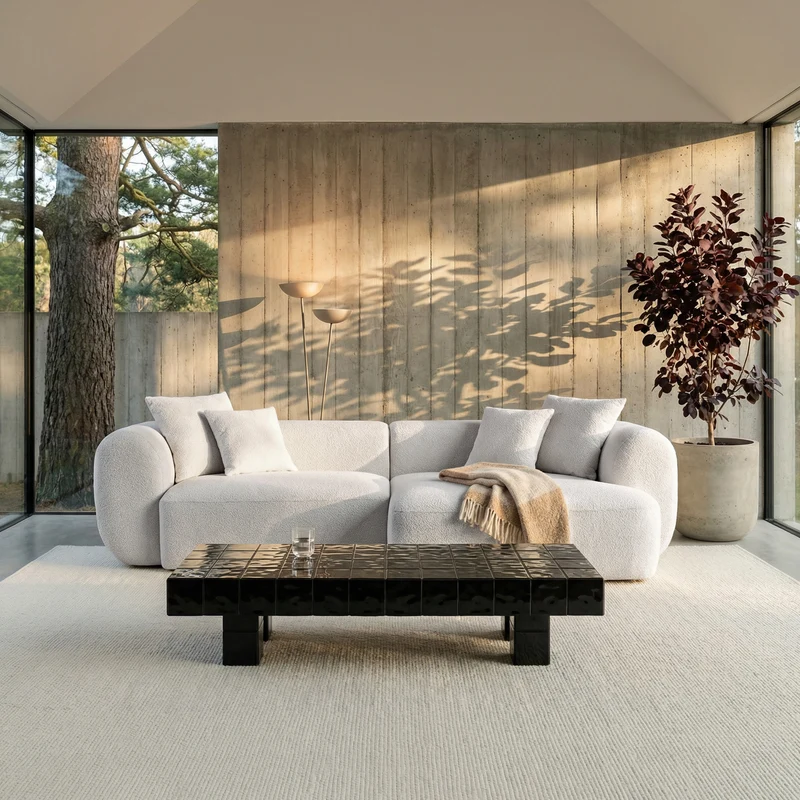 Modulares Baomi Ecksofa in L-Form mit Pouf, rechtsseitig, grau-beige Chenille