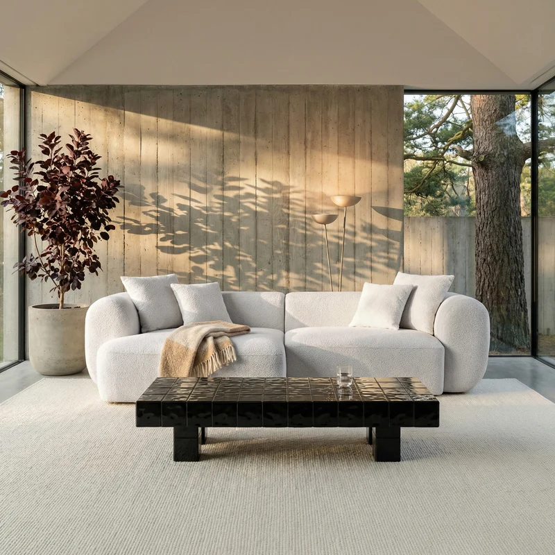 Modulare Eckcouch Baomi L-förmig mit Hocker, linksseitig, grau-beige Chenille