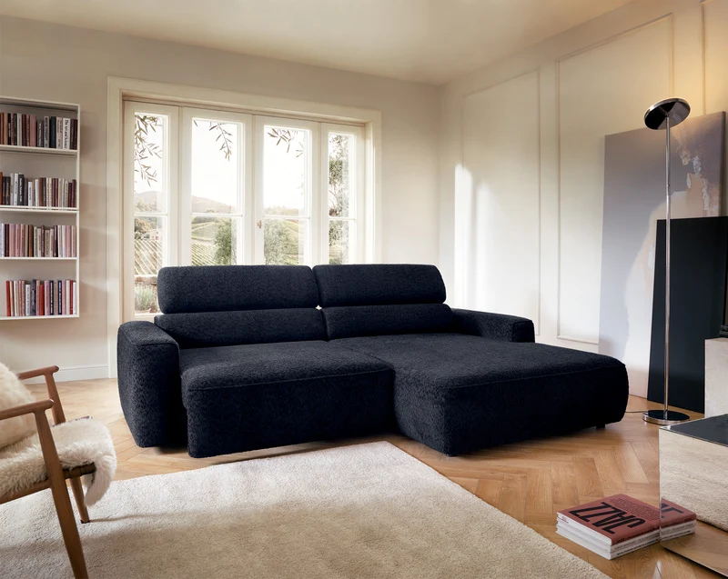 Ecksofa Fando mit elektrisch ausziehbarer Sitzfläche, L-förmig, rechtsseitig, marineblauer Chenille-Stoff