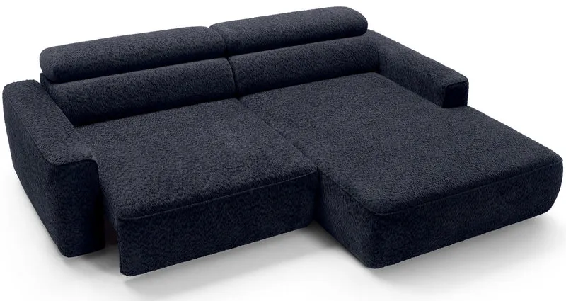 Ecksofa Fando mit elektrisch ausziehbarer Sitzfläche, L-förmig, rechtsseitig, marineblauer Chenille-Stoff