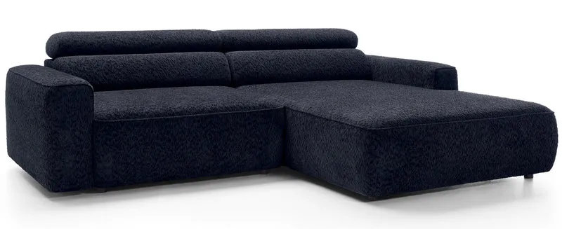Ecksofa Fando mit elektrisch ausziehbarer Sitzfläche, L-förmig, rechtsseitig, marineblauer Chenille-Stoff