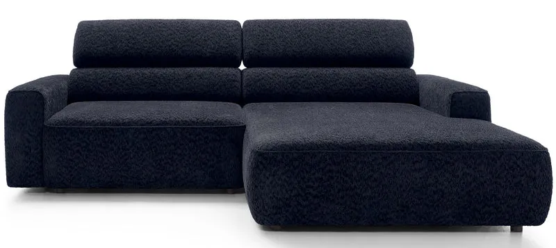Ecksofa Fando mit elektrisch ausziehbarer Sitzfläche, L-förmig, rechtsseitig, marineblauer Chenille-Stoff