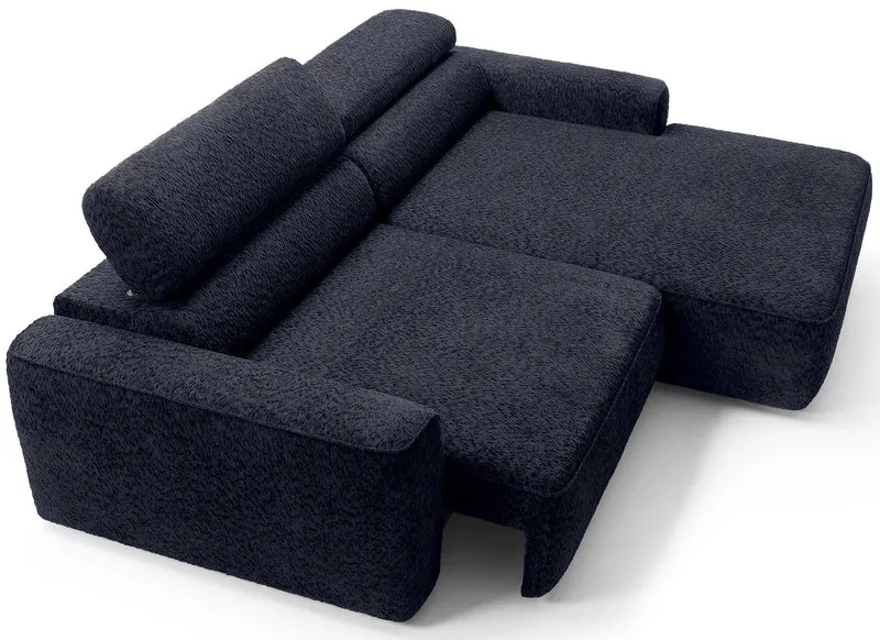 Ecksofa Fando mit elektrisch ausziehbarer Sitzfläche, L-förmig, rechtsseitig, marineblauer Chenille-Stoff