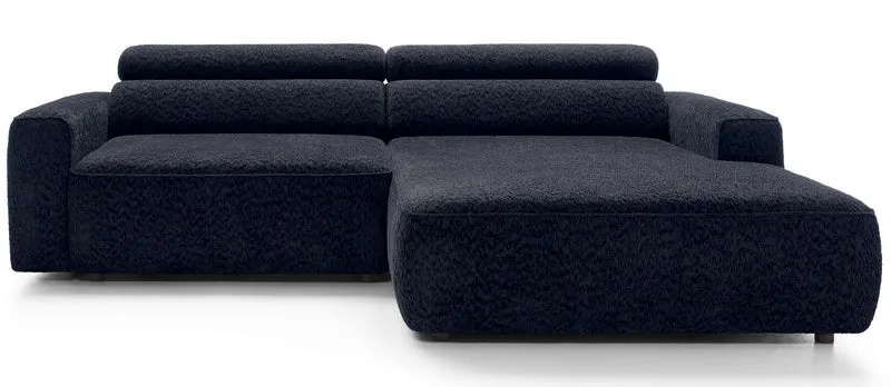 Ecksofa Fando mit elektrisch ausziehbarer Sitzfläche, L-förmig, rechtsseitig, marineblauer Chenille-Stoff