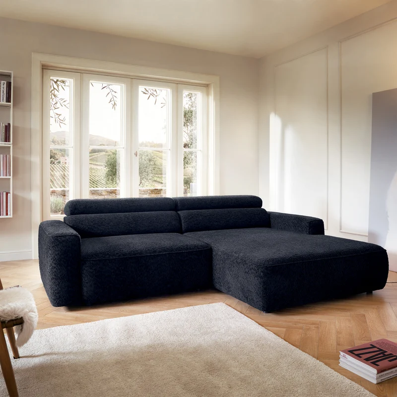 Ecksofa Fando mit elektrisch ausziehbarer Sitzfläche, L-förmig, rechtsseitig, marineblauer Chenille-Stoff