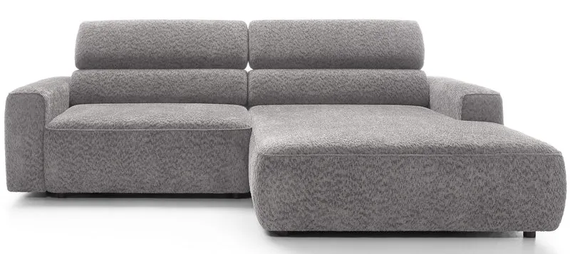 Ecksofa Fando mit elektrisch ausziehbarer Sitzfläche, L-förmig, rechtsseitig, hellgrauer Chenille-Stoff
