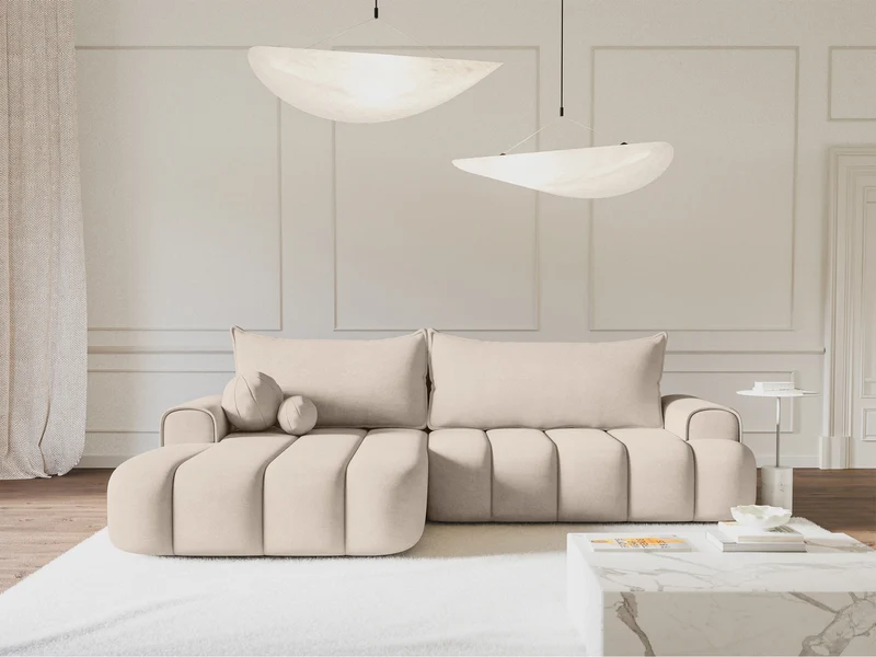 Ecksofa mit Schlaffunktion Dandelino, L-förmig, linksseitig, mit Stauraum, grau-beiger Samtbezug