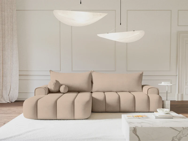 Ecksofa mit Schlaffunktion Dandelino, L-förmig, linksseitig, mit Stauraum, beige Samt