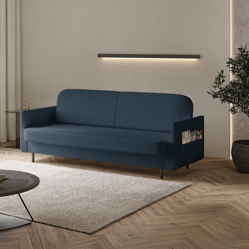 Dreisitziges ausklappbares Sofa Ovelio, marineblauer Chenille-Stoff, wasserabweisend