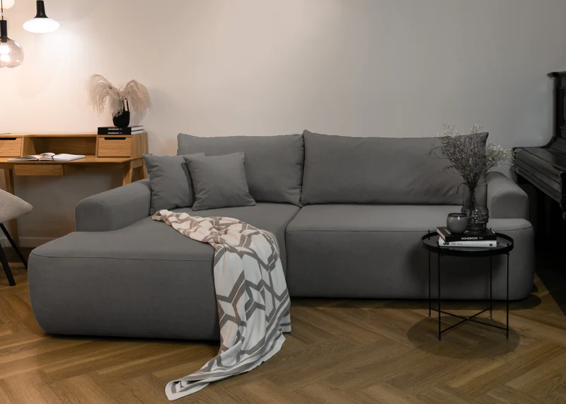 Ecksofa mit Schlaffunktion Ovo, L-förmig, dunkelgrauer Samt, mit Stauraum, aus pflegeleichtem Stoff, linksseitig
