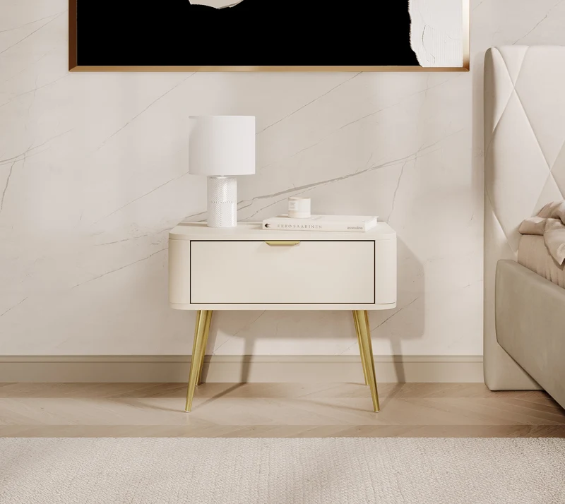 Ovaler Nachttisch mit Schublade 63 cm sandbeige