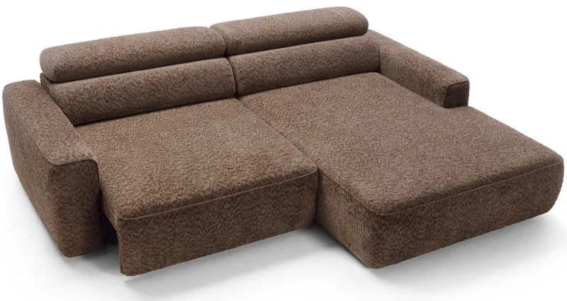 Ecksofa Fando mit elektrisch ausziehbarer Sitzfläche, L-förmig, rechtsseitig, brauner Chenille-Stoff