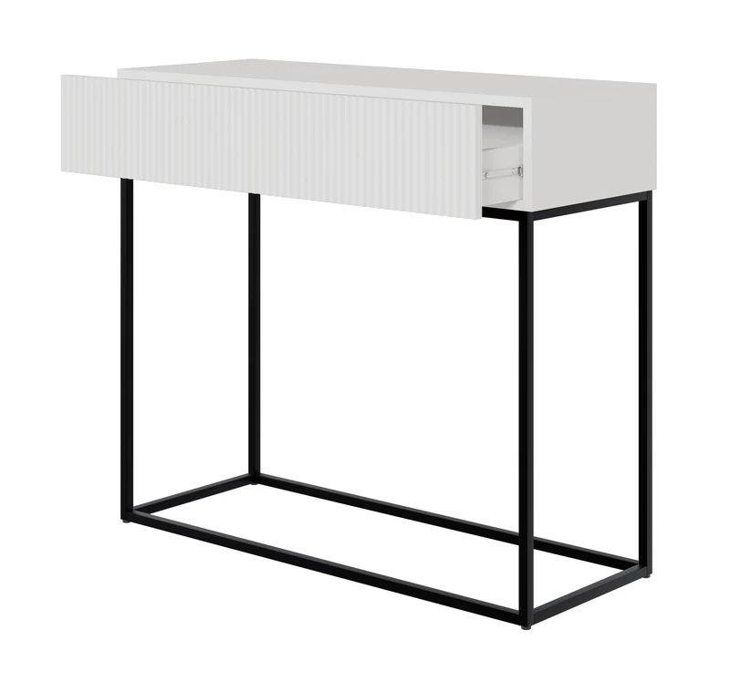 Veldio-Konsole mit gefräster Front und 90 cm Schublade Weiß mit schwarzen Beinen