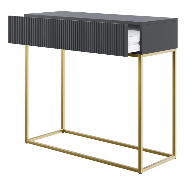 Veldio-Konsole mit gefräster Front und 90 cm Schublade Schwarz mit goldenen Beinen