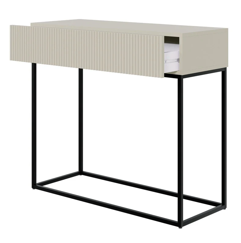Veldio-Konsole mit gefräster Front und 90 cm Schublade, grau-beige mit schwarzen Beinen