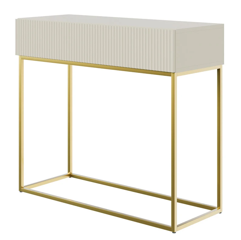 Veldio-Konsole mit gefräster Front und 90 cm Schublade, grau-beige mit goldenen Beinen
