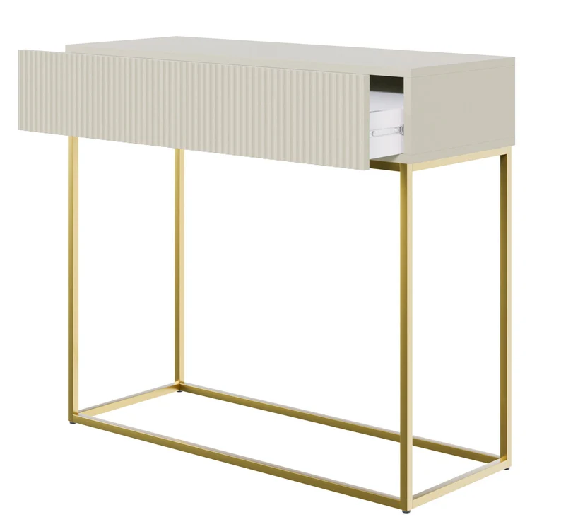 Veldio-Konsole mit gefräster Front und 90 cm Schublade, grau-beige mit goldenen Beinen