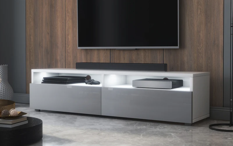 TV-Schrank mit zwei Schubladen Rednaw 140 cm Weiß matt / Grau glänzend mit Beleuchtung
