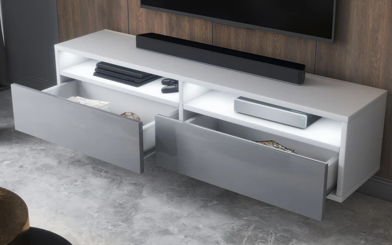 TV-Schrank mit zwei Schubladen Rednaw 140 cm Weiß matt / Grau glänzend mit Beleuchtung