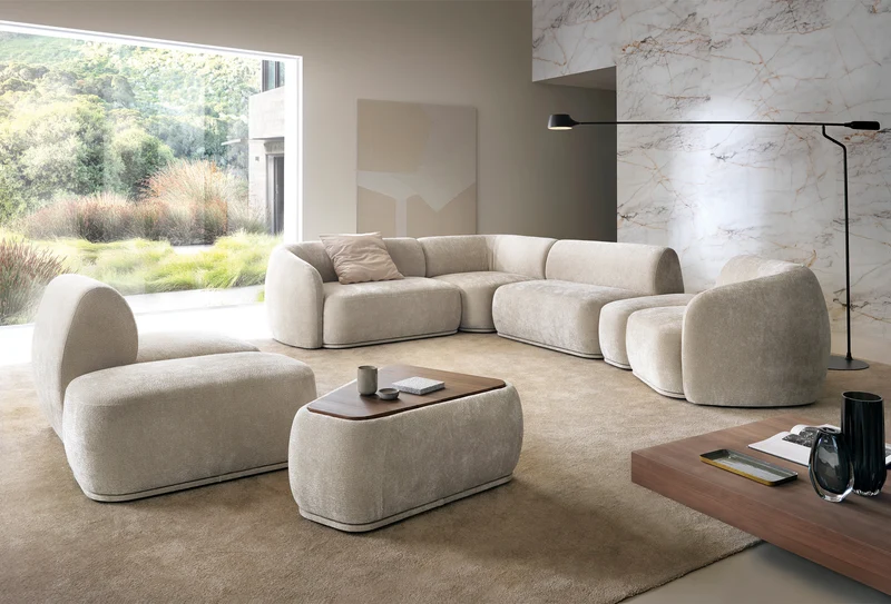 Modulares rechteckiges Hockerpouf Bommo in grau-beigem Chenille