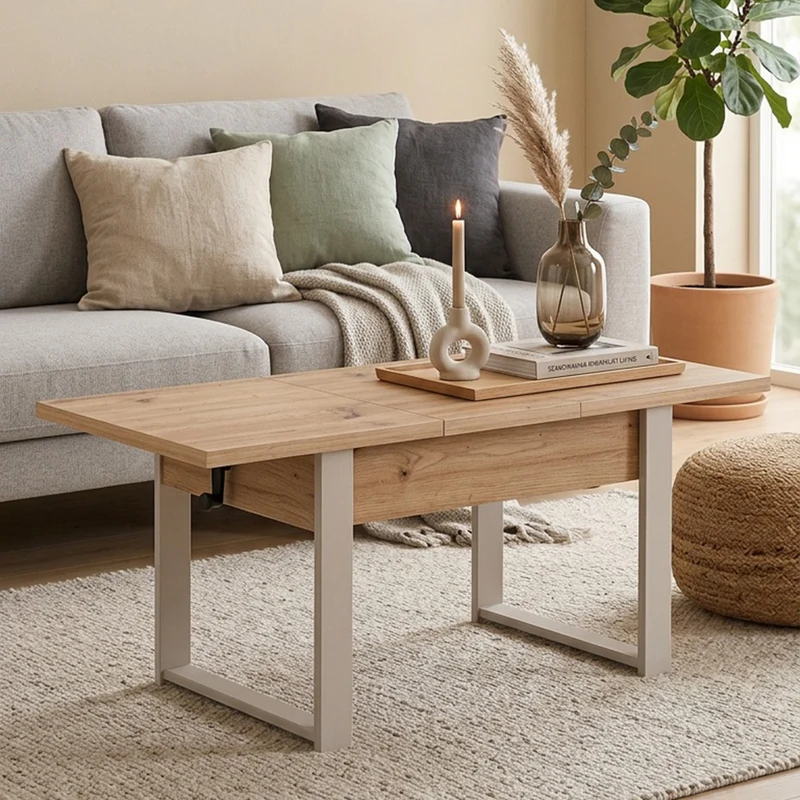 Ausziehbarer Couchtisch Hugo 120(157)x67 cm Artisan-Eiche mit kaschmirfarbenen Beinen