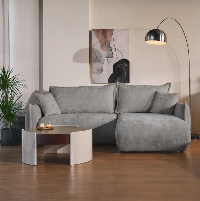 Ecksofa mit Schlaffunktion Cushi, L-förmig, rechtsseitig, mit Stauraum, grauer Chenille-Bezug