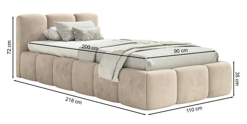 Polsterbett 90x200 cm Cloudy Low mit Stauraum, Metallrahmen, beige Velours, wasserabweisend und pflegeleicht