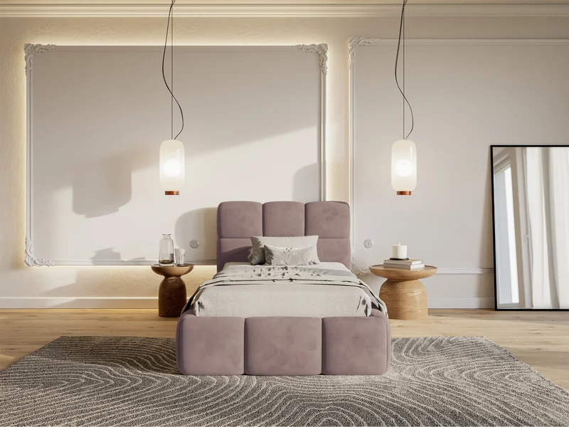 Polsterbett 90x200 cm Cloudy mit Stauraum, Metallrahmen, hellrosa Velours, wasserabweisend und leicht zu reinigen