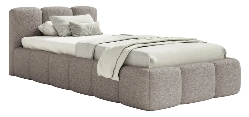 Gepolstertes Bett 90x200 cm Cloudy Low mit Bettkasten, Metallrahmen, hellgrauer Bouclé-Stoff