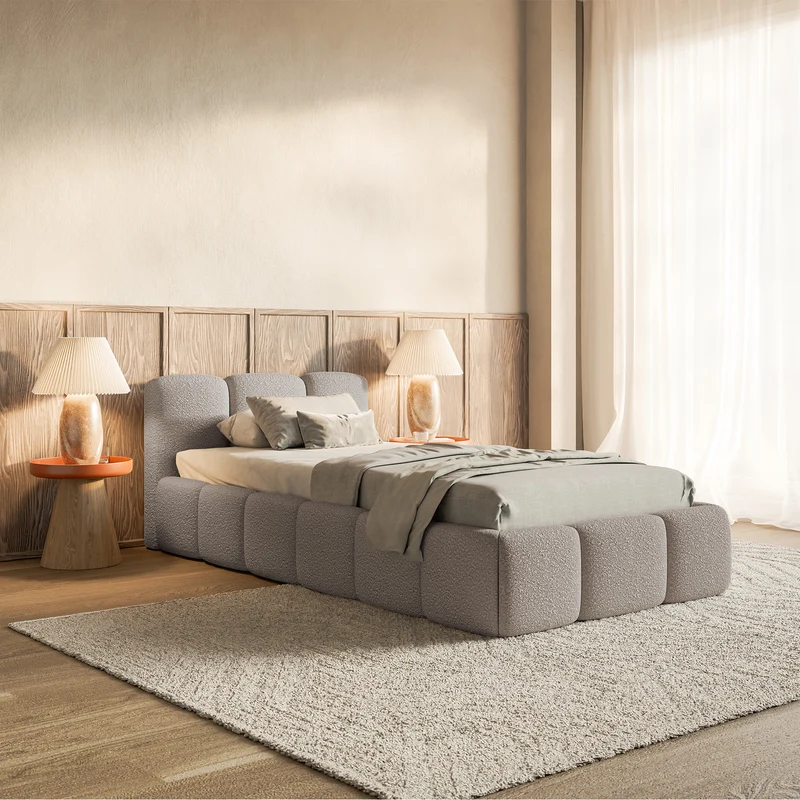 Gepolstertes Bett 90x200 cm Cloudy Low mit Bettkasten, Metallrahmen, hellgrauer Bouclé-Stoff
