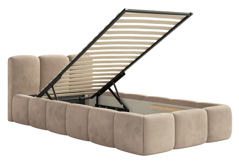Polsterbett 90x200 cm Cloudy Low mit Stauraum, Metallrahmen, beige Velours, wasserabweisend und pflegeleicht